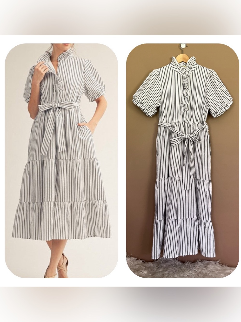 {JODIFL} Short Puff Sleeve Tiered Stripe Midi Dress - Womens Small